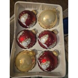 Vtg Krebs Snowmen 4 Glass Christmas Ornaments Red/Gold  And 2 Solid Cream Color